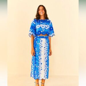 Farm Rio. Blue flower Stripes midi skirt and crop top set. 100% linen. NWT.